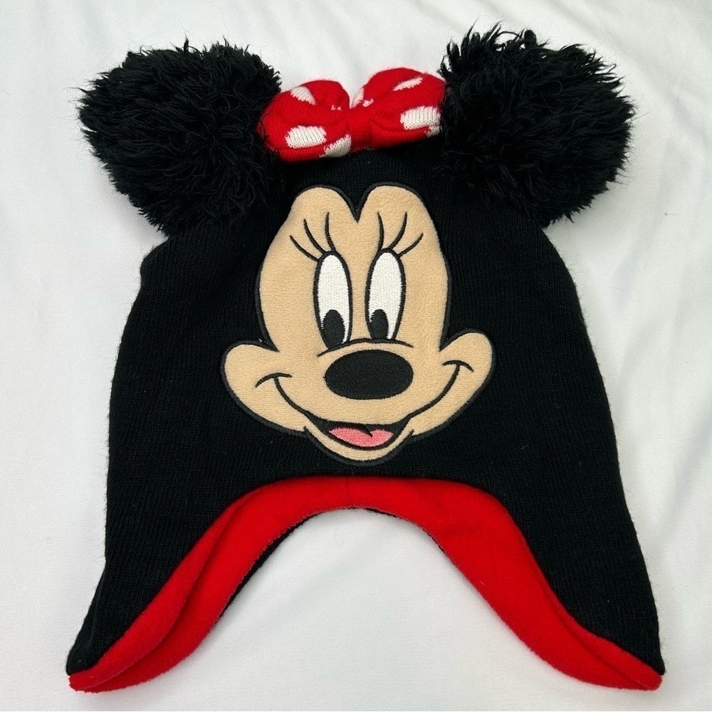 Disney Minnie Mouse Girls Black Red Knit Fleece Lined Earflap Beanie Hat OSFM